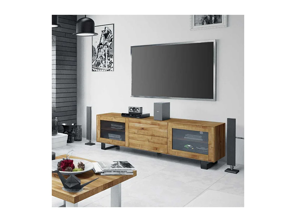 TV Board mit Glastüren Wildeiche Massivholz