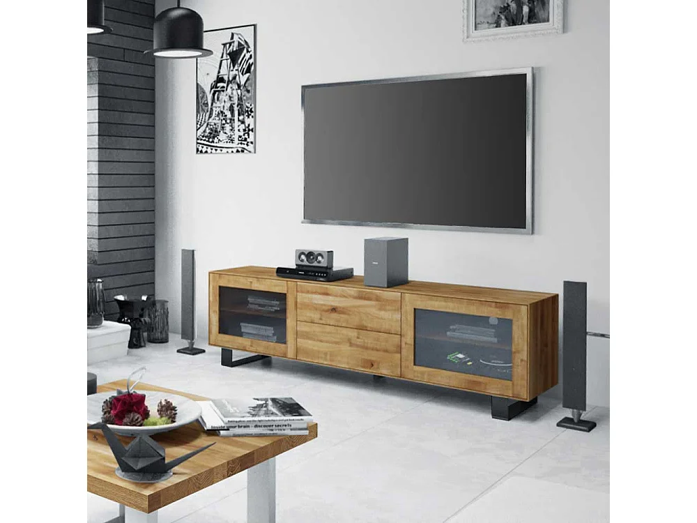 TV Board mit Glastüren Wildeiche Massivholz