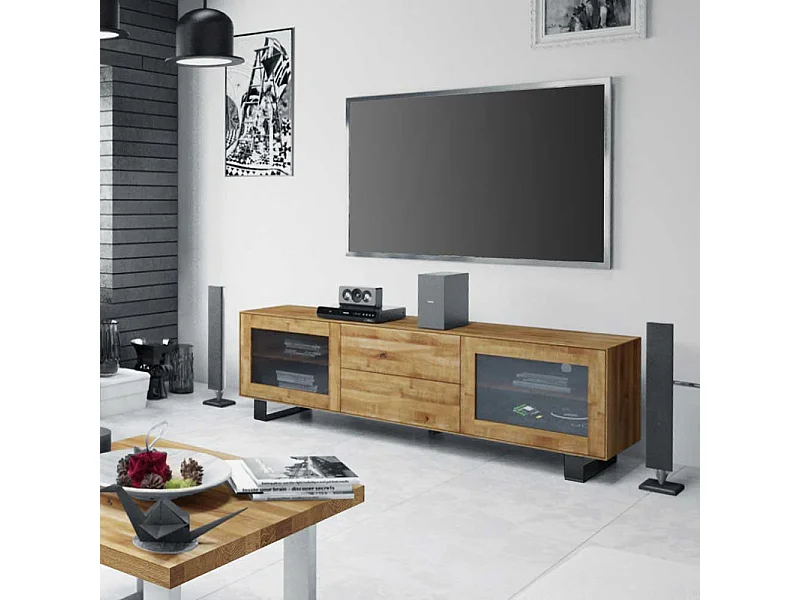 TV Board mit Glastüren Wildeiche Massivholz