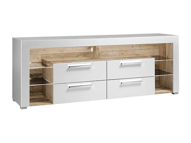 Fernsehunterschrank in Weiß und Holzoptik antik vier Schubladen