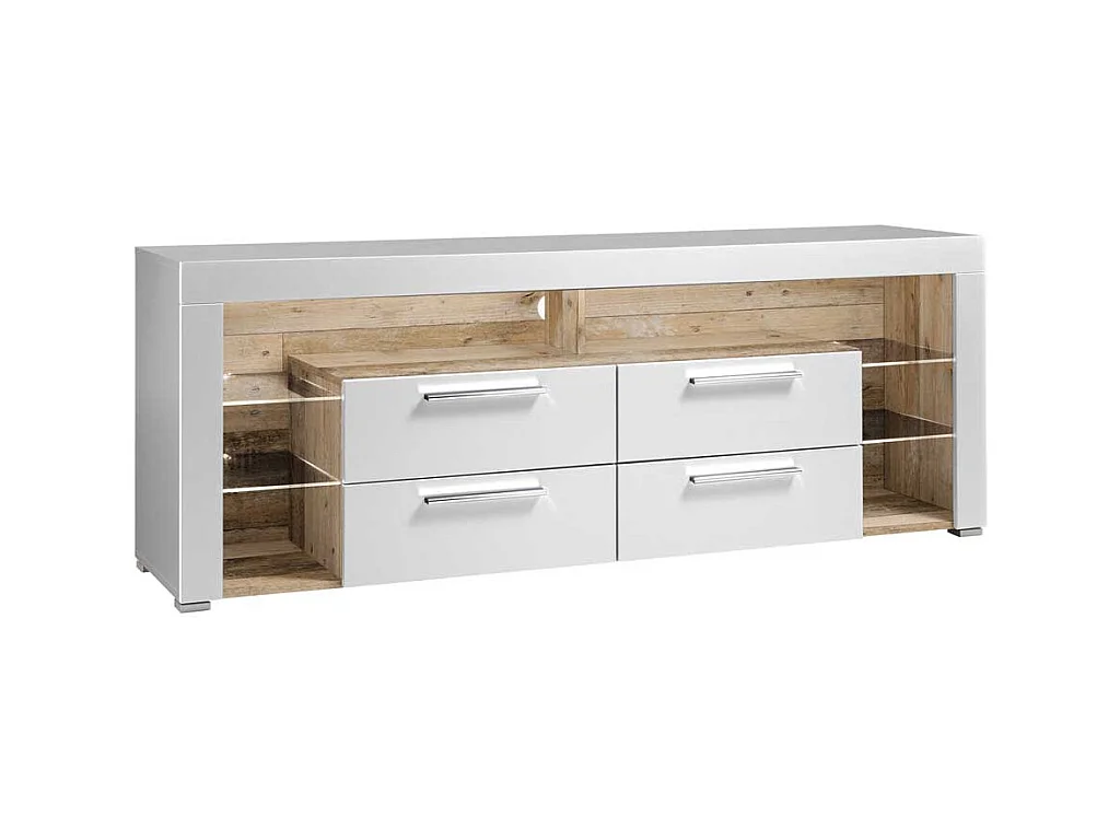 Fernsehunterschrank in Weiß und Holzoptik antik vier Schubladen
