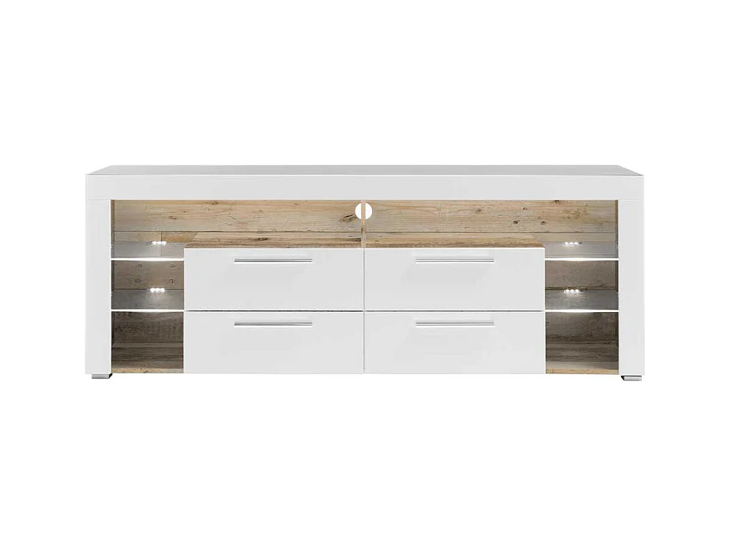 Fernsehunterschrank in Weiß und Holzoptik antik vier Schubladen