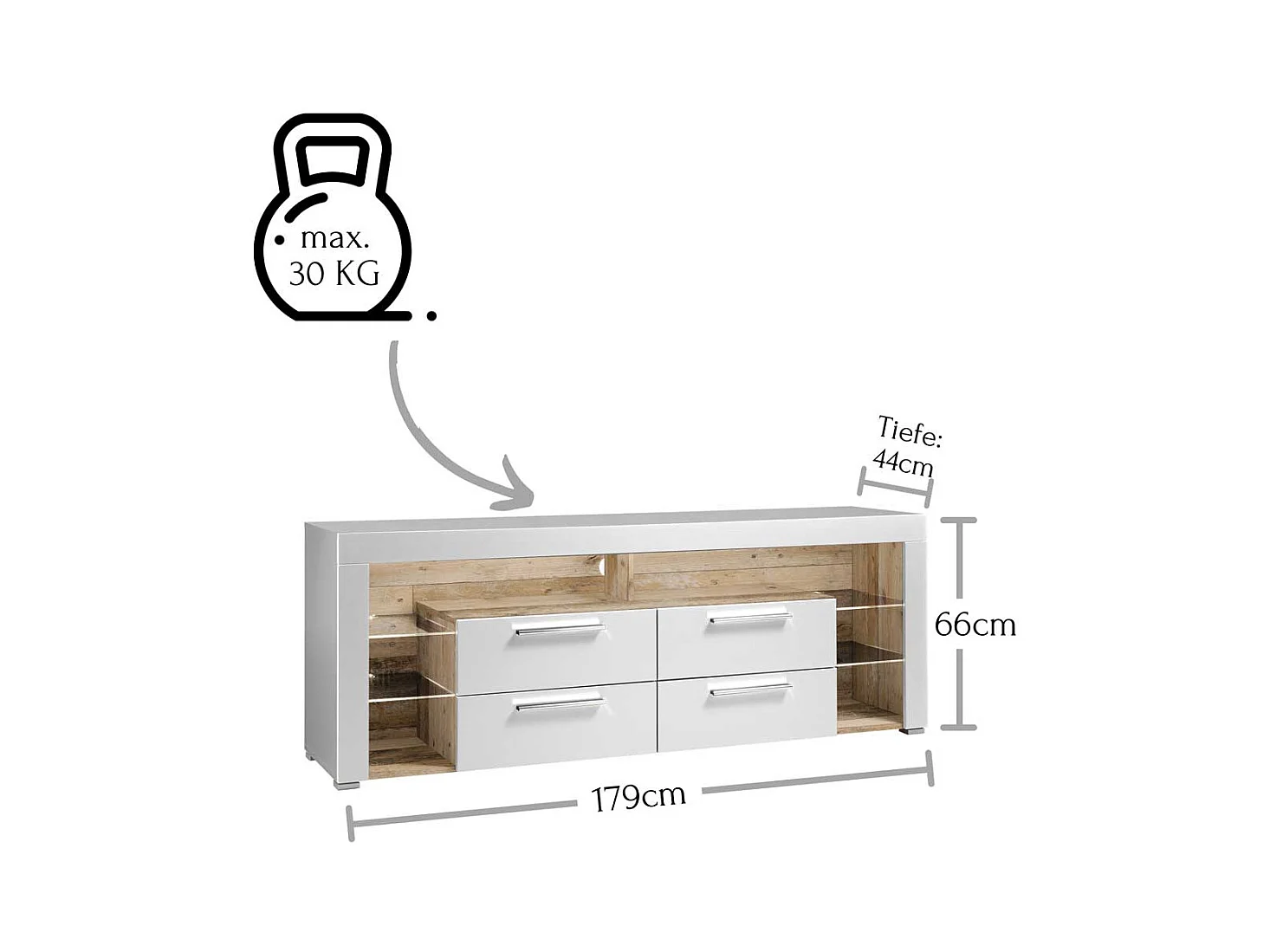 Fernsehunterschrank in Weiß und Holzoptik antik vier Schubladen