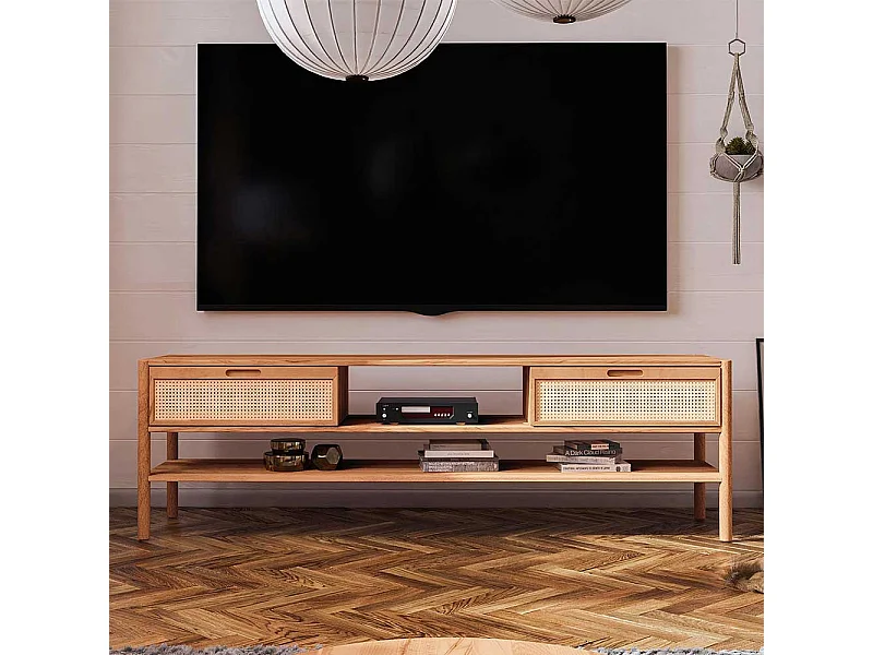 Fernsehlowboard mit Rattan aus Wildbuche Massivholz 204 cm breit