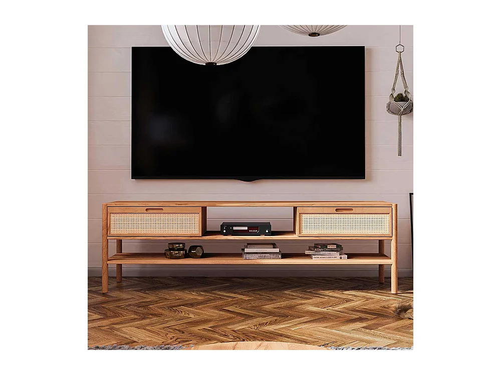 Fernsehlowboard mit Rattan aus Wildbuche Massivholz 204 cm breit