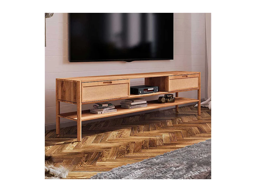 Fernsehlowboard mit Rattan aus Wildbuche Massivholz 204 cm breit