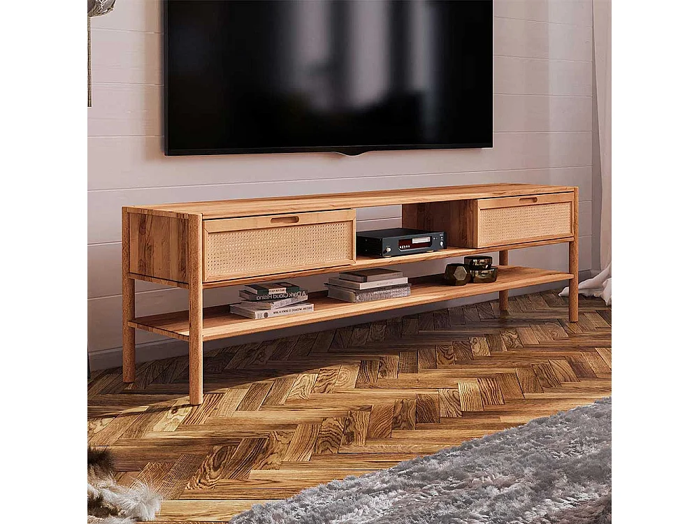 Fernsehlowboard mit Rattan aus Wildbuche Massivholz 204 cm breit
