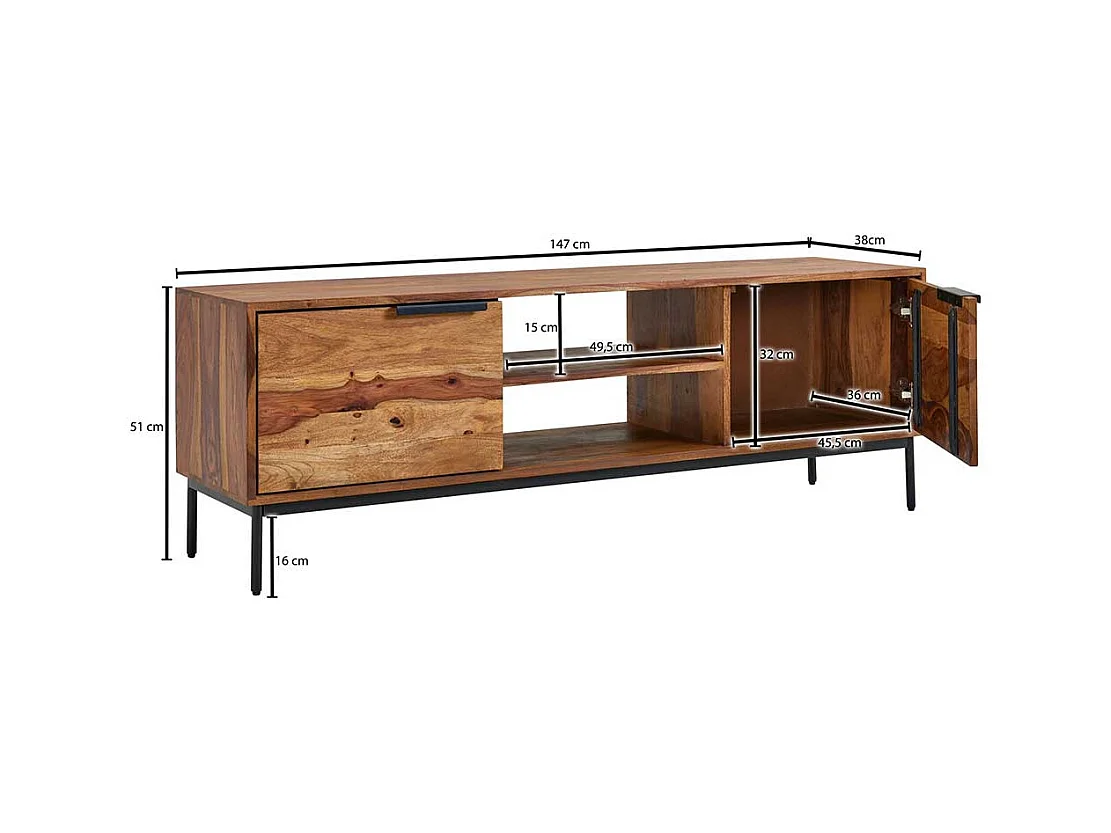 Unterschrank Fernseher aus Sheesham Massivholz Metall