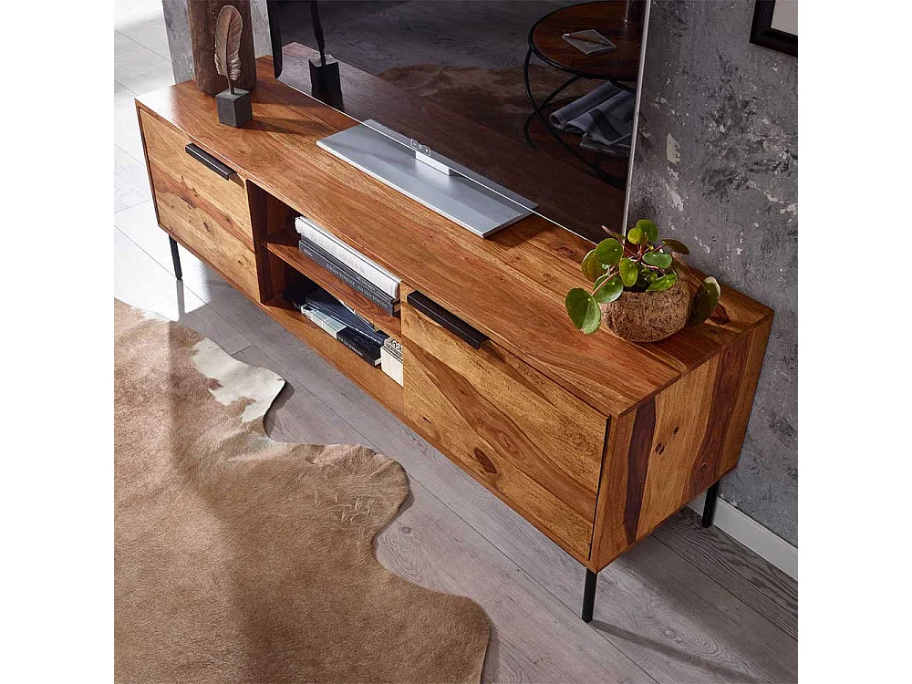 Unterschrank Fernseher aus Sheesham Massivholz Metall