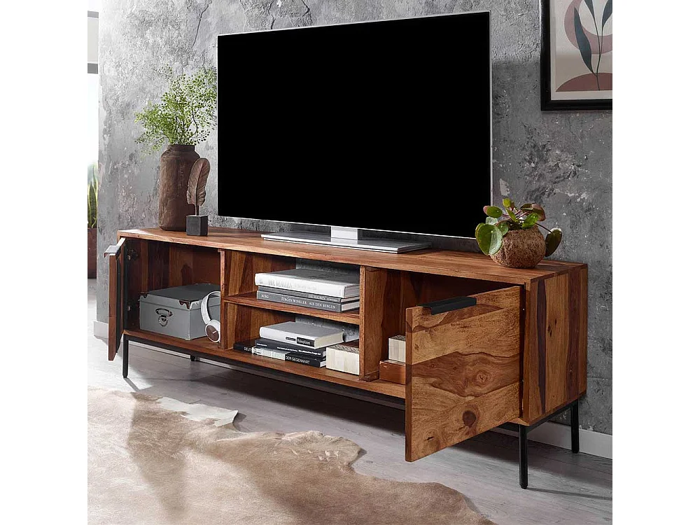 Unterschrank Fernseher aus Sheesham Massivholz Metall