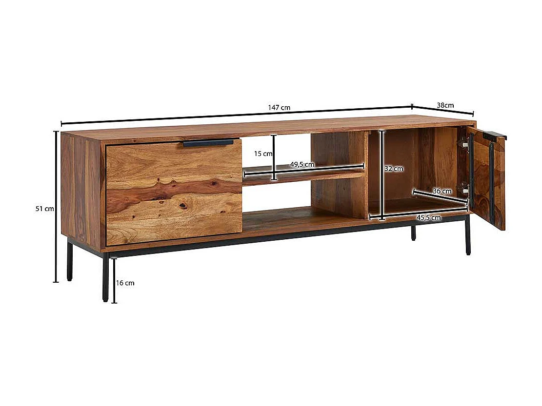 Unterschrank Fernseher aus Sheesham Massivholz Metall