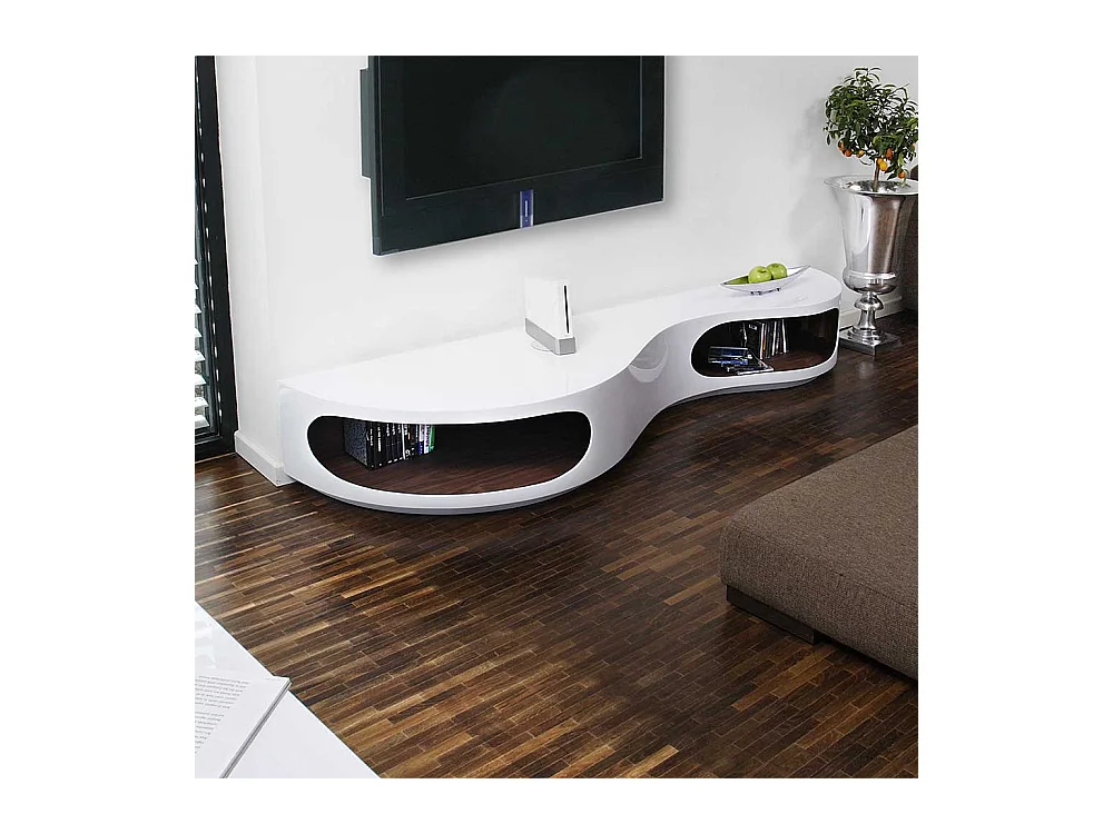 Fernseh Unterschrank in Hochglanz Weiß geschwungen geformt