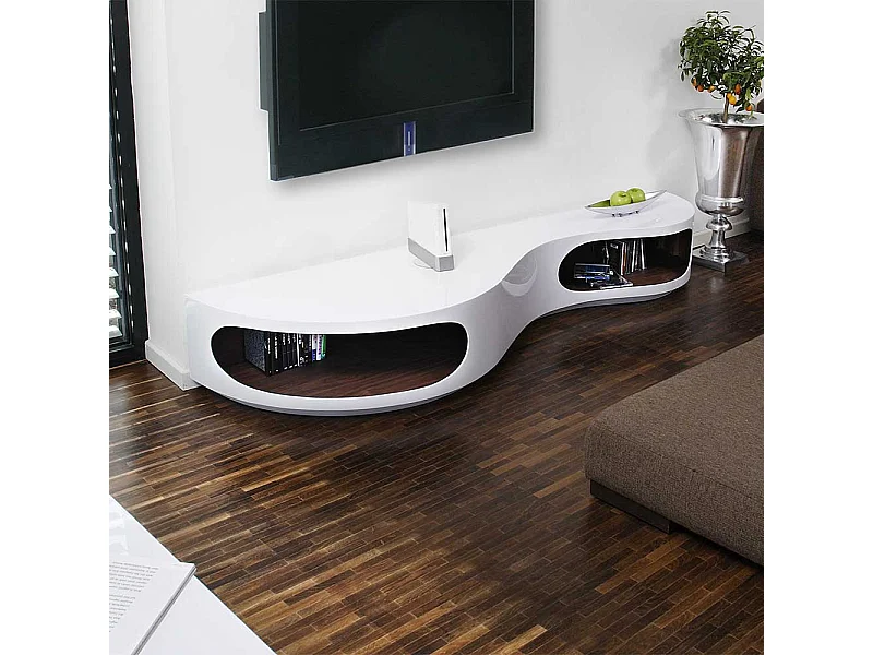 Fernseh Unterschrank in Hochglanz Weiß geschwungen geformt
