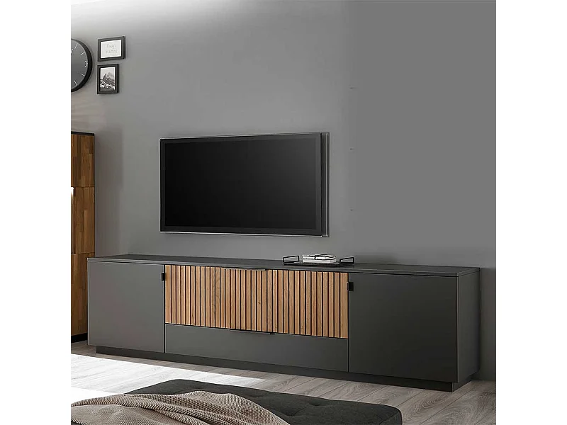 Unterschrank Fernseher in Eiche Bianco und Anthrazit zwei Schubladen