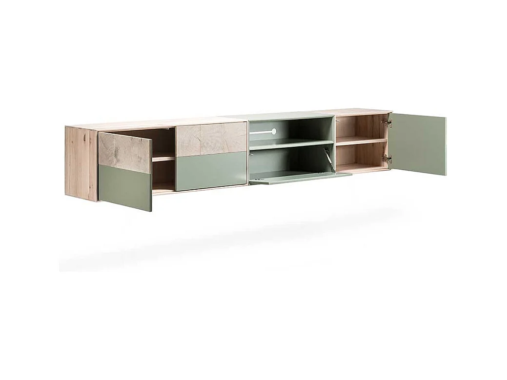 Fernseh Unterschrank in Beton Grau und Buche hell 260 cm breit