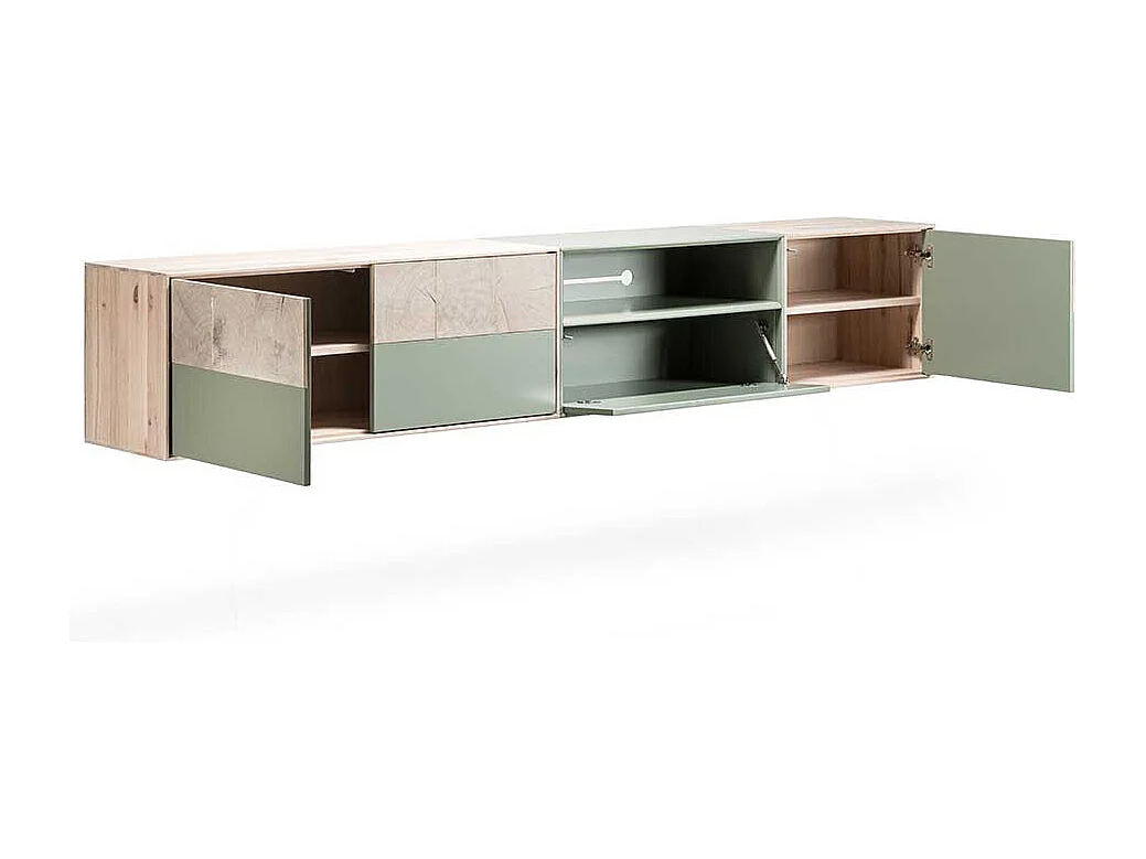 Fernseh Unterschrank in Beton Grau und Buche hell 260 cm breit