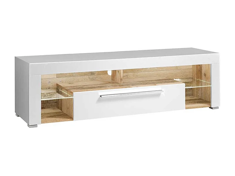 TV Lowboard in Weiß und Holz Antik LED Beleuchtung