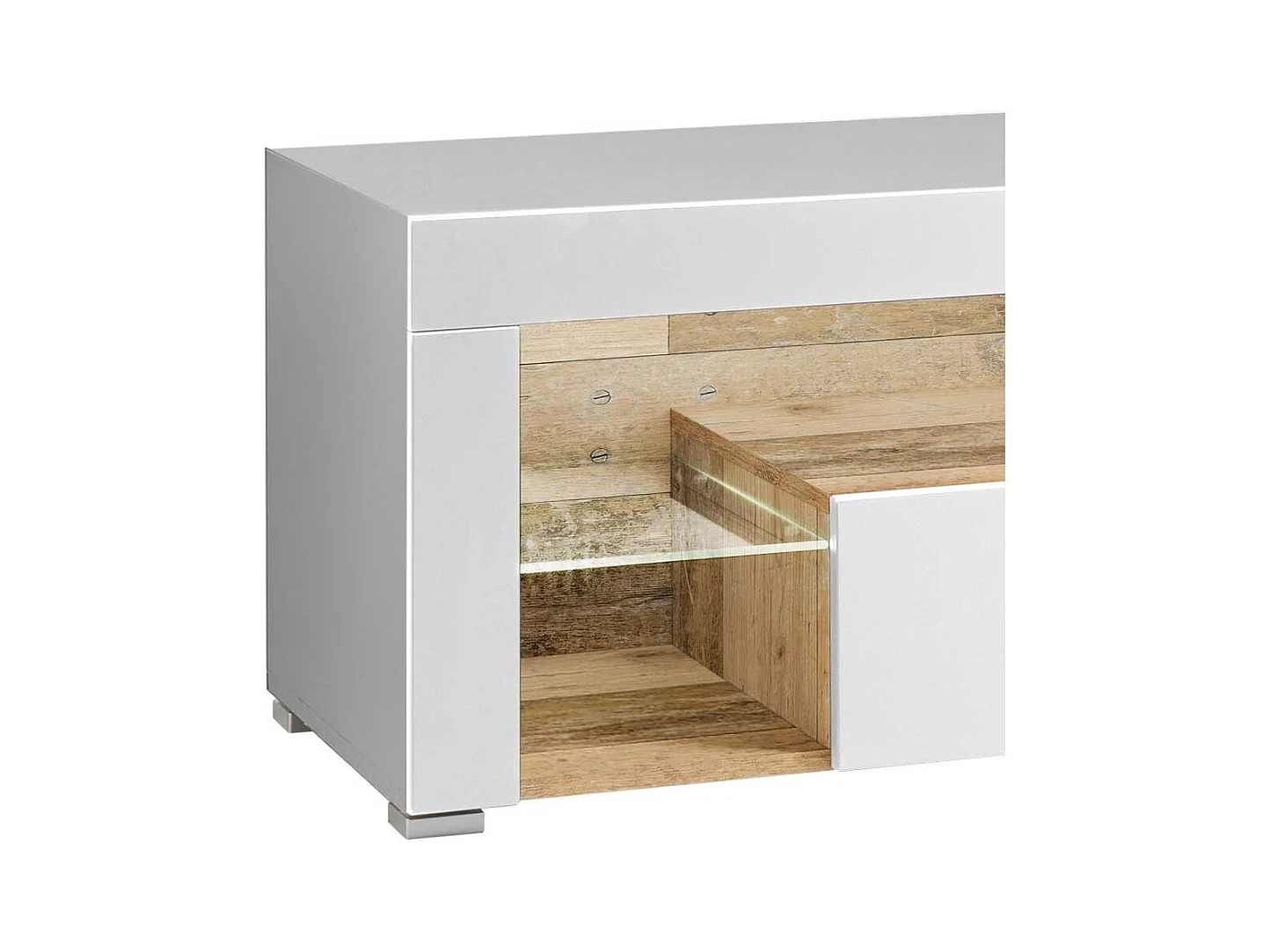 TV Lowboard in Weiß und Holz Antik LED Beleuchtung