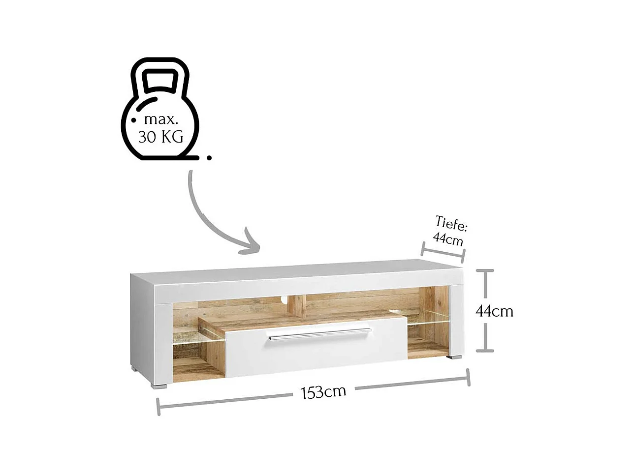 TV Lowboard in Weiß und Holz Antik LED Beleuchtung