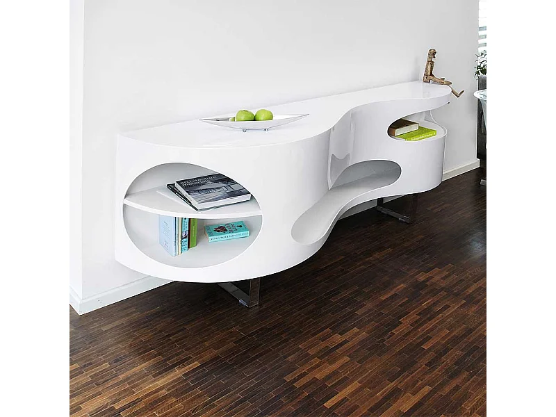 Stylische Anrichte in Hochglanz Weiß geschwungen geformt