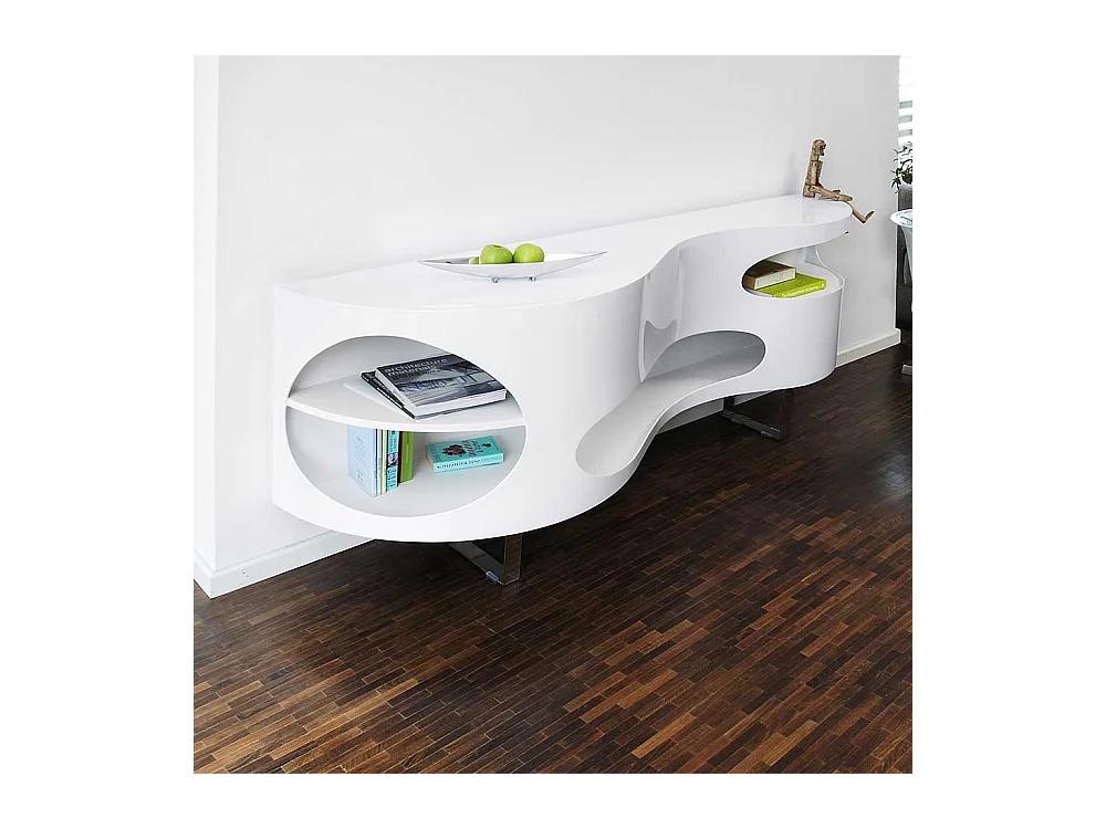 Stylische Anrichte in Hochglanz Weiß geschwungen geformt