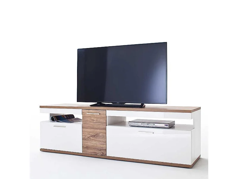 TV Lowboard in Weiß Hochglanz und Eiche Dekor 180 cm breit