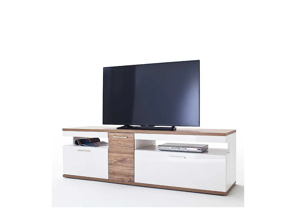 TV Lowboard in Weiß Hochglanz und Eiche Dekor 180 cm breit