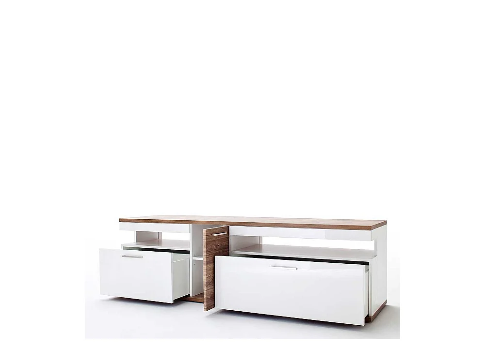 TV Lowboard in Weiß Hochglanz und Eiche Dekor 180 cm breit