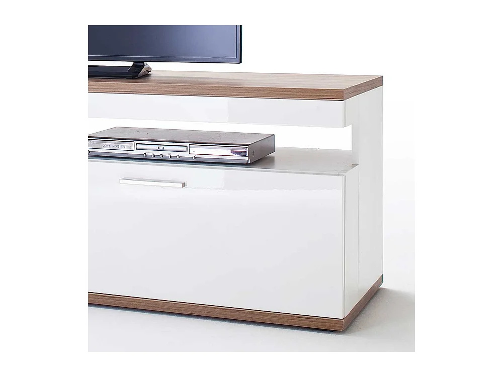 TV Lowboard in Weiß Hochglanz und Eiche Dekor 180 cm breit