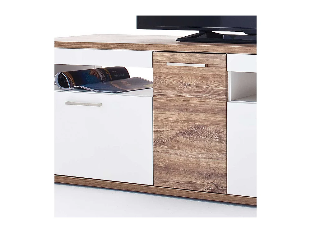 TV Lowboard in Weiß Hochglanz und Eiche Dekor 180 cm breit