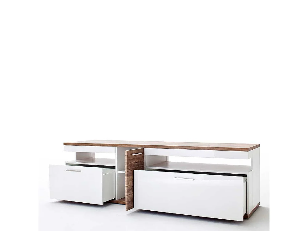 TV Lowboard in Weiß Hochglanz und Eiche Dekor 180 cm breit