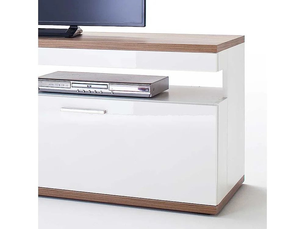 TV Lowboard in Weiß Hochglanz und Eiche Dekor 180 cm breit