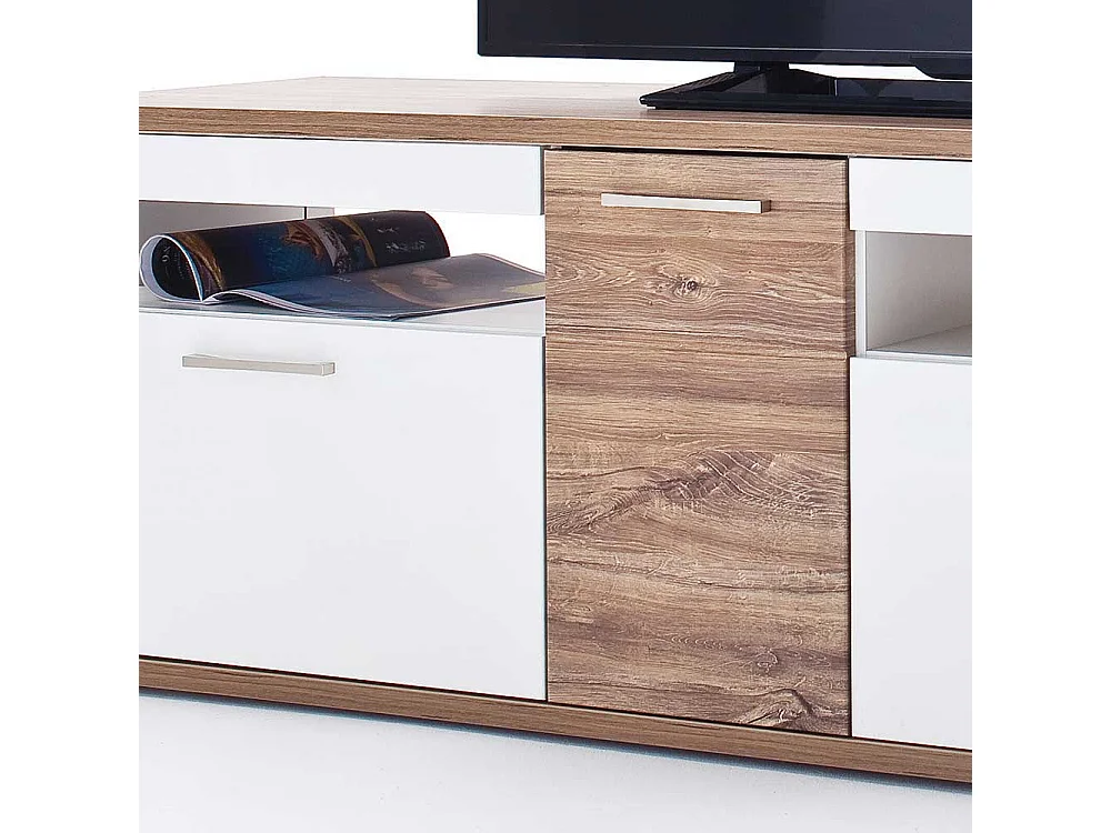 TV Lowboard in Weiß Hochglanz und Eiche Dekor 180 cm breit