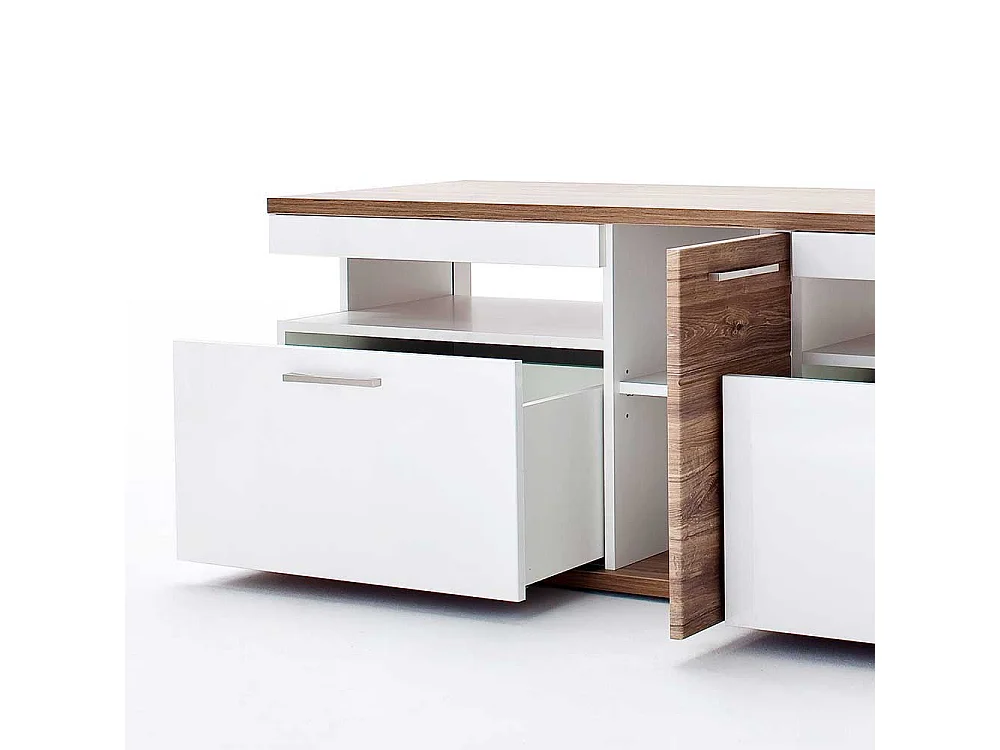 TV Lowboard in Weiß Hochglanz und Eiche Dekor 180 cm breit