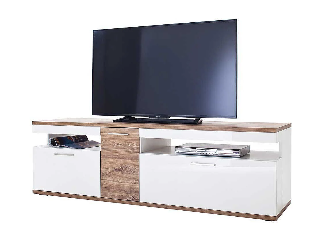 TV Lowboard in Weiß Hochglanz und Eiche Dekor 180 cm breit