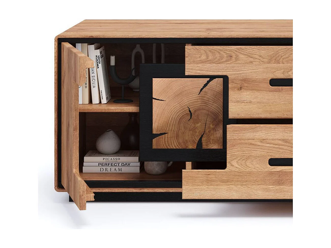 TV Bank Fernsehunterschrank in Wildeichefarben und Schwarz