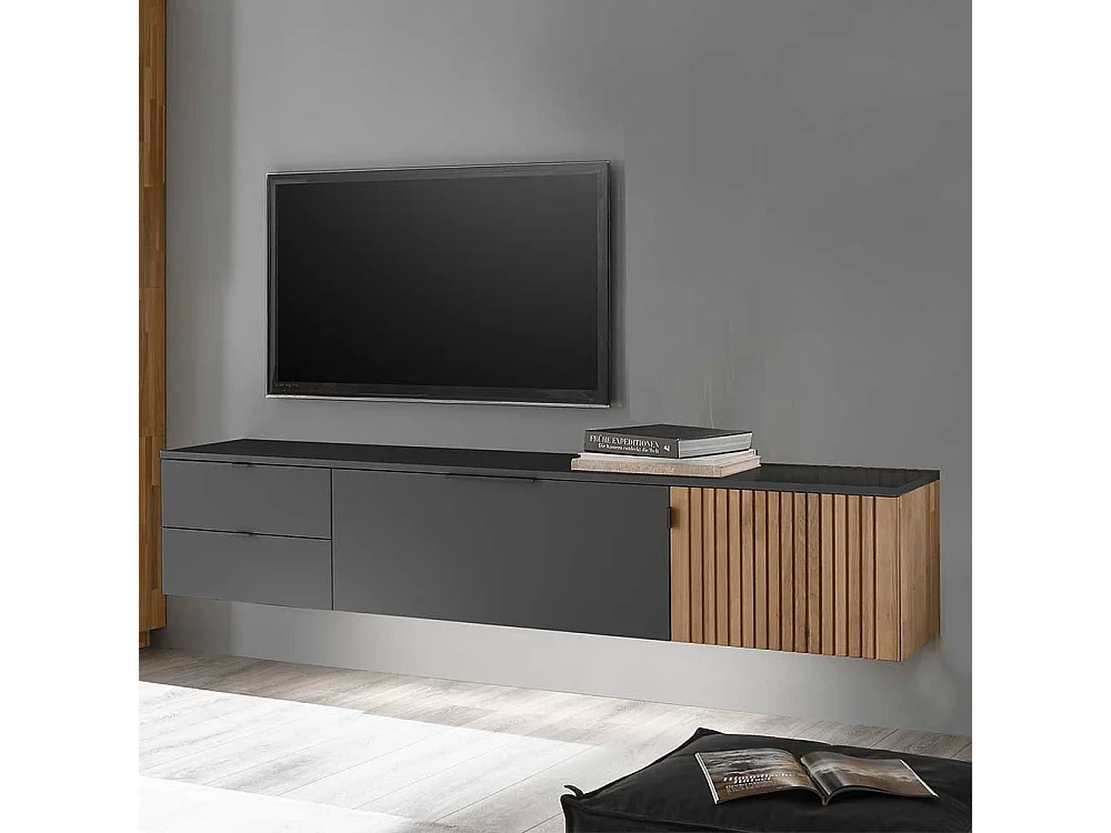 Unterschrank Fernseher in Eiche Bianco und Anthrazit zwei Schubladen