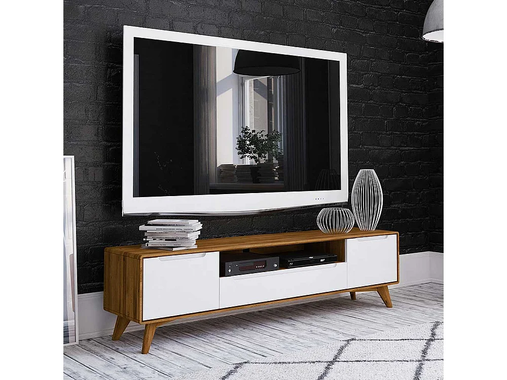 TV Board in Weiß und Wildeiche 180 cm breit