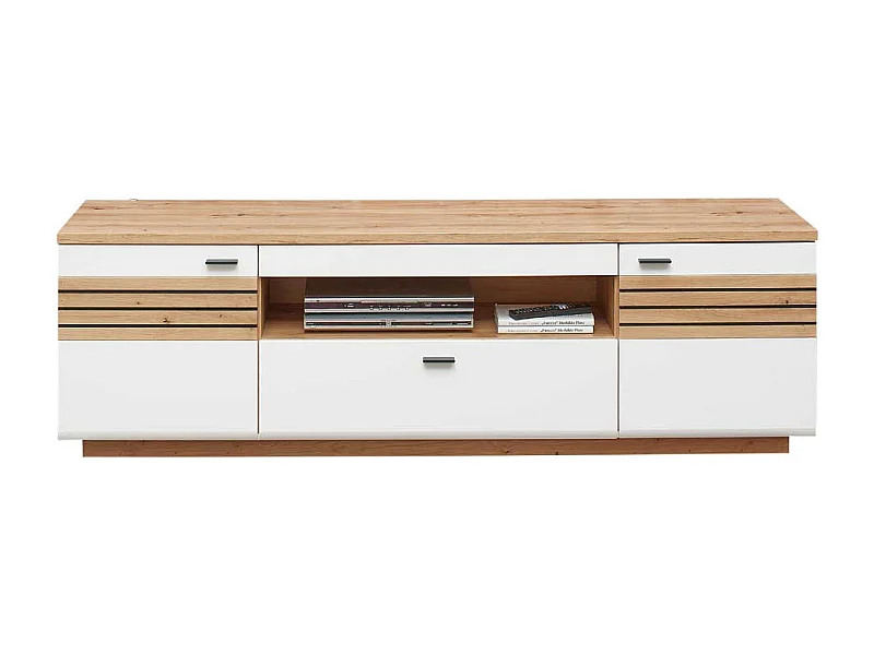 Flachstrecke Wohnzimmer in Weiß und Wildeichefarben einer Schublade