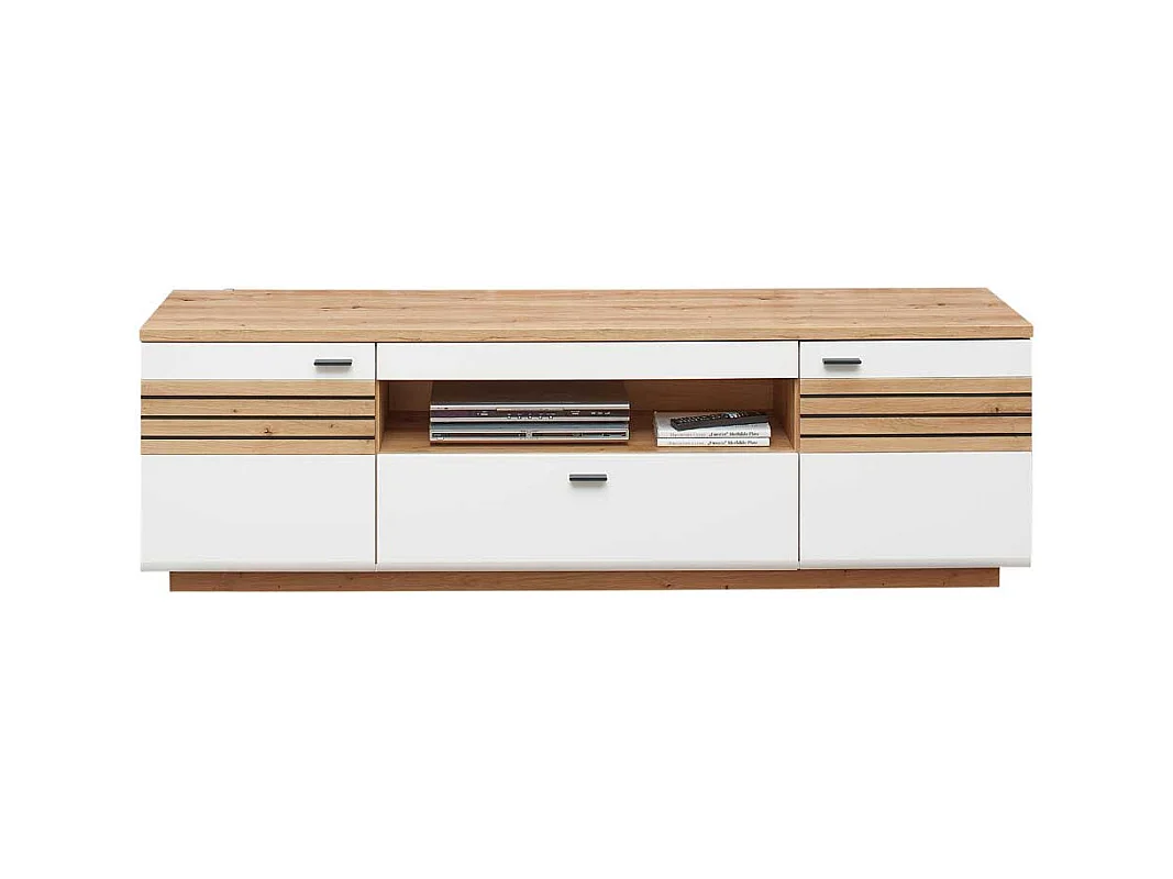 Flachstrecke Wohnzimmer in Weiß und Wildeichefarben einer Schublade