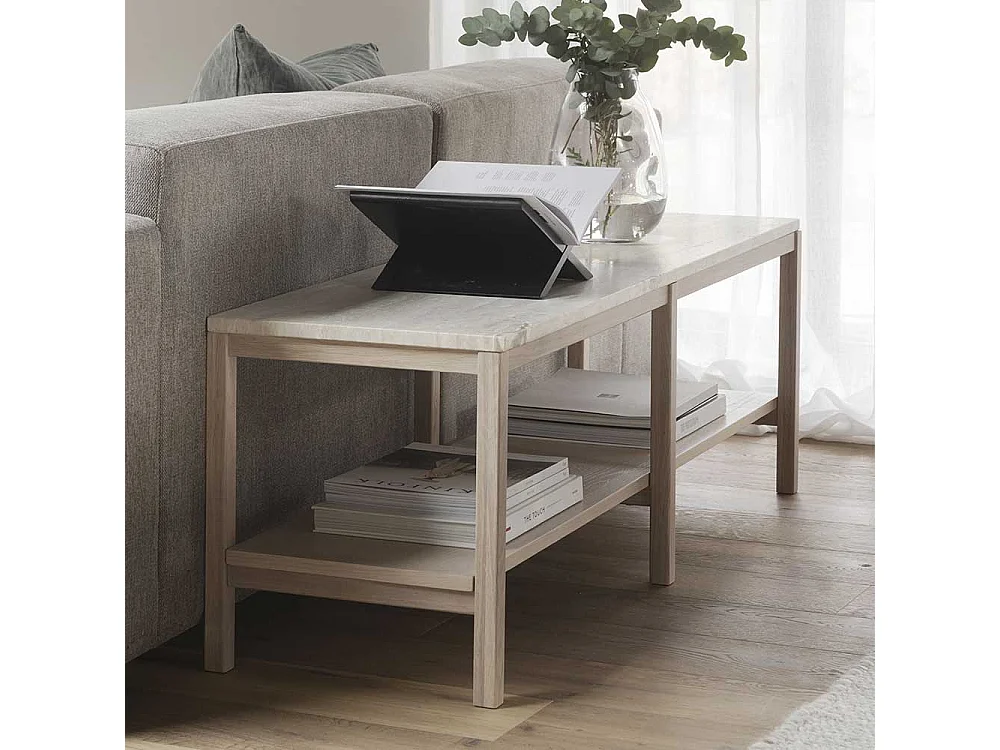 Lowboard in Holz White Wash und Marmorplatte in Beige 45 cm hoch