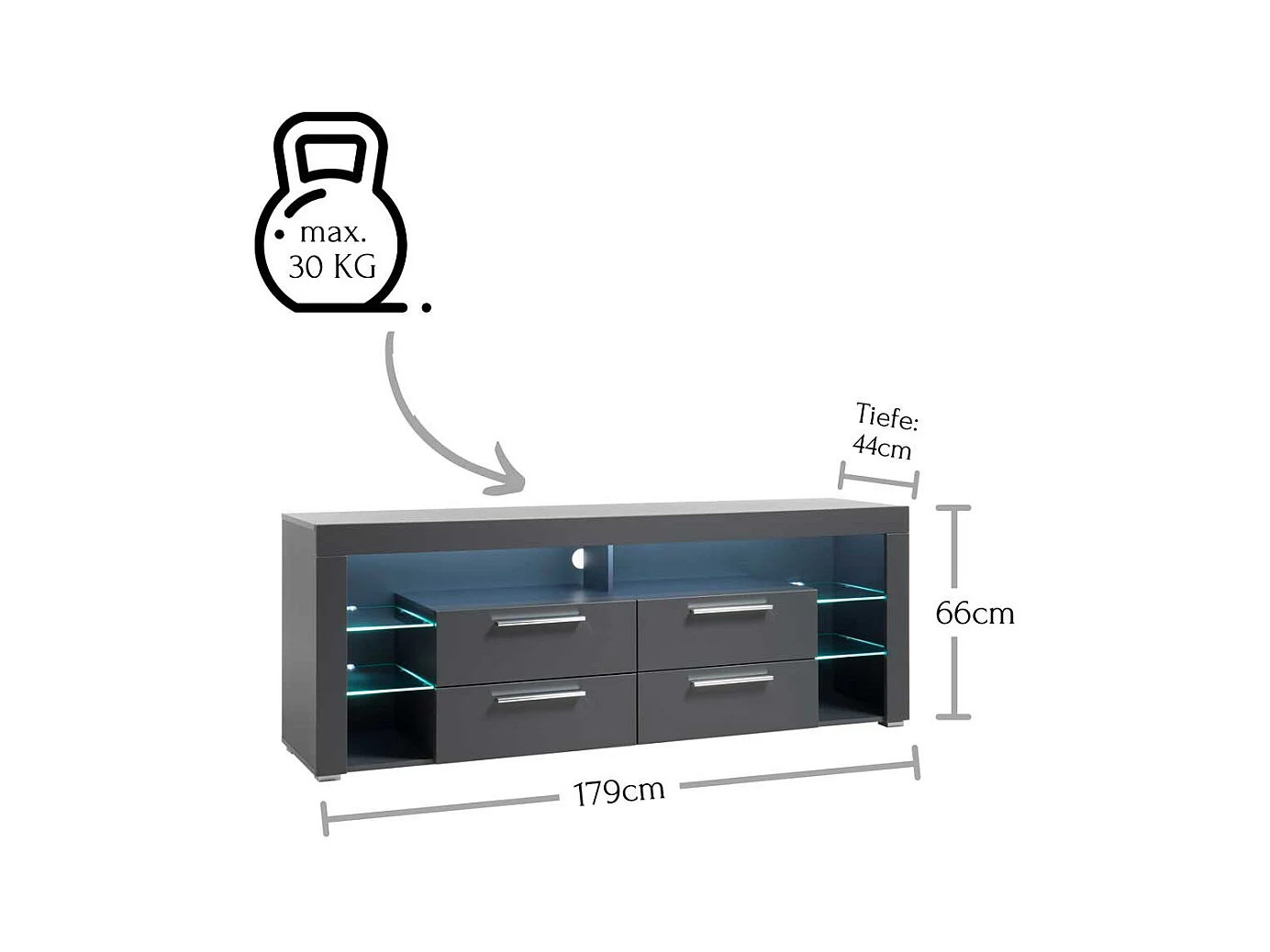Fernsehunterschrank in Grau LED Beleuchtung und Schubladen