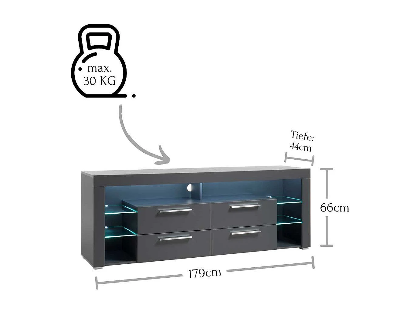 Fernsehunterschrank in Grau LED Beleuchtung und Schubladen