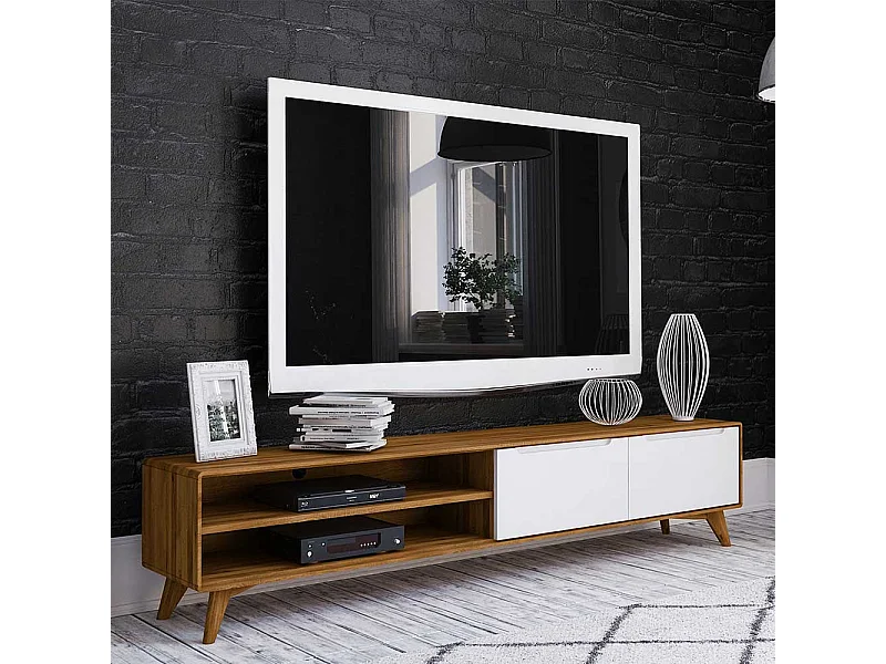 Fernsehtisch in Weiß und Wildeiche 220 cm breit