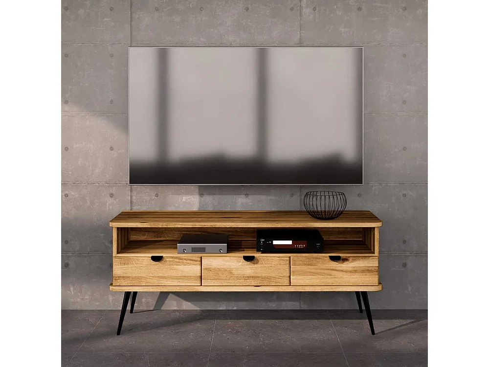 Phonomöbel aus Wildeiche Massivholz geölt Vierfußgestell aus Metall