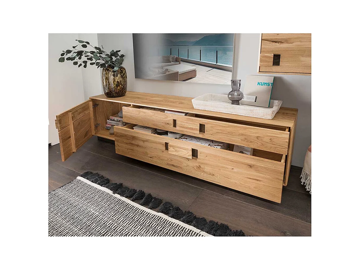 TV Lowboard aus Wildeiche und Eiche Massivholz zwei Schubladen
