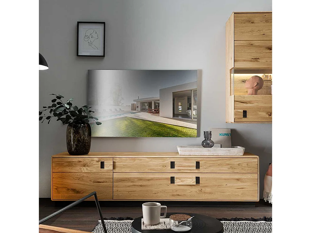 TV Lowboard aus Wildeiche und Eiche Massivholz zwei Schubladen