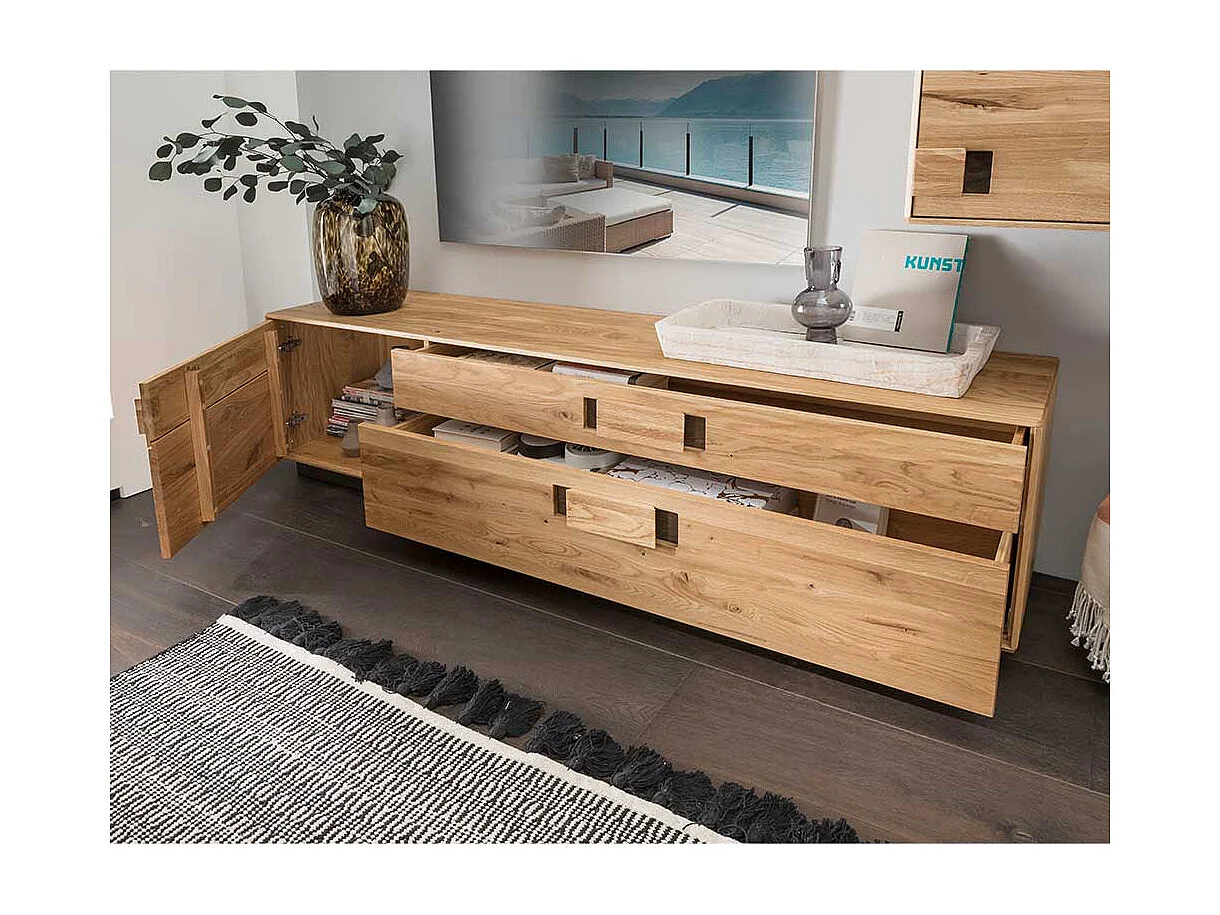 TV Lowboard aus Wildeiche und Eiche Massivholz zwei Schubladen