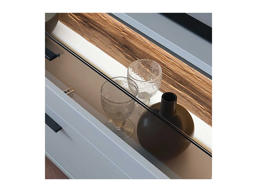 Unterschrank Fernseher modern in Lichtgrau und Wildeiche Holzoptik 195 cm breit