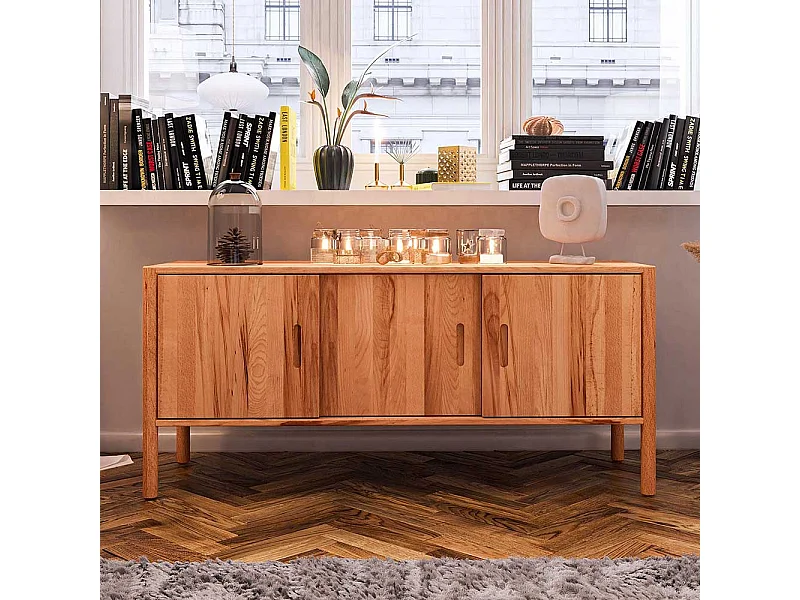 Lowboard mit Schiebetüren aus Wildbuche Massivholz 142 cm breit